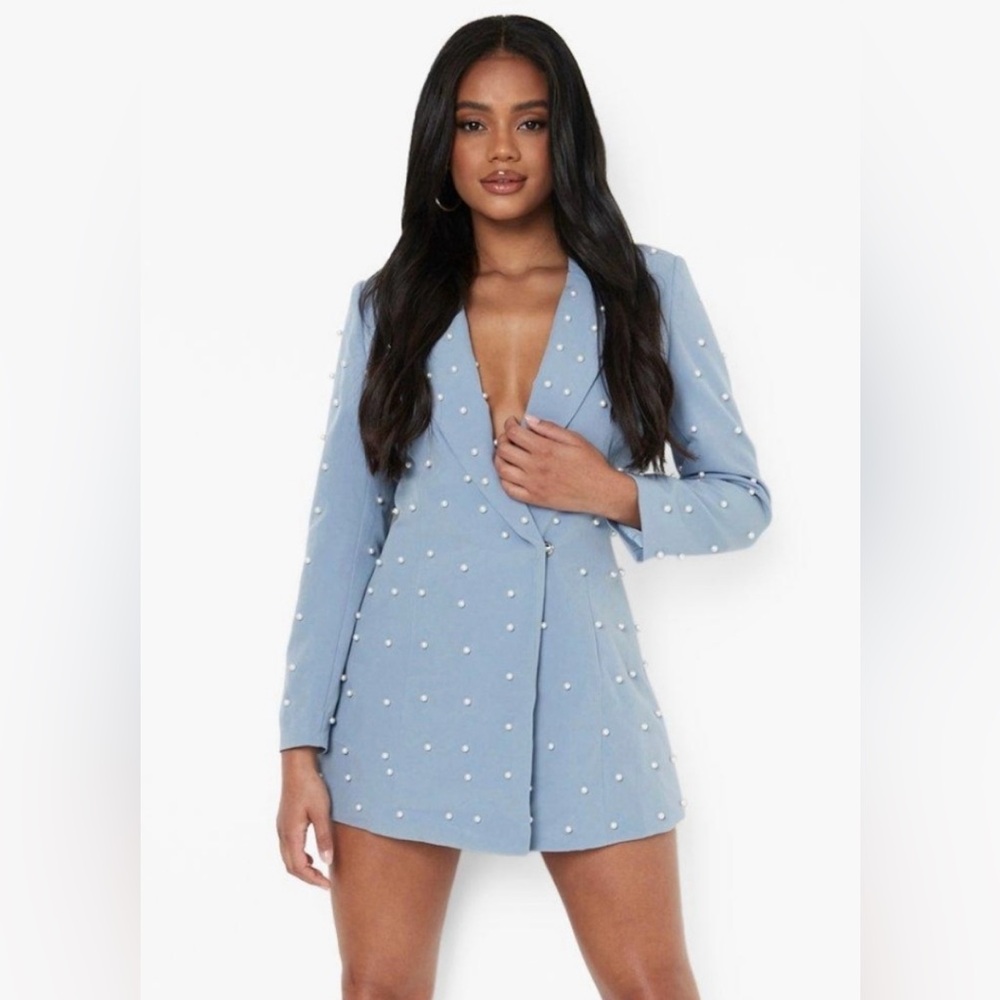 Boohoo Sky Blue Blazer with Pearl Details